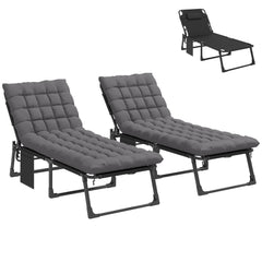 Folding Chaise Lounge Chair Outdoor Tanning Chair Set of 2 with 5-Position Backrest, Cushions, Side Pocket, Dark Gray