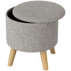 Round Ottoman Stool with Storage, Linen Upholstered Foot Stool with Padded Seat, Hidden Space and Wood Legs, Light Gray