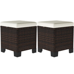 2 Piece Wicker Outdoor Ottomans with Cushions, Rattan Ottoman Footrest and Side Table for Patio, Yard, Poolside, Beige