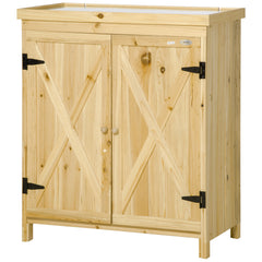 Garden Storage Cabinet, Outdoor Tool Shed with Galvanized Top and Two Shelves for Yard Tools or Pool Accessories, Natural