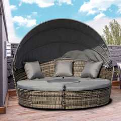 4-Piece Round Convertible Daybed with Cushions, Outdoor PE Rattan Patio Wicker Sofa Set, Sunbed with Adjustable Sun Canopy, Sectional Sofa, 2 Chairs, Table, 3 Pillows, Gray