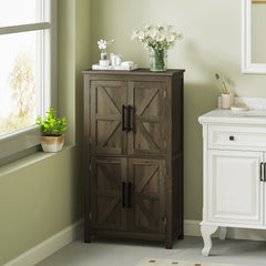 Bathroom Floor Storage Cabinet, Farmhouse Bathroom Cabinet with 4 Doors and Adjustable Shelf, Brown