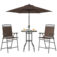4 Piece Outdoor Bar Set with Umbrella, Patio Dining Set with 2 Folding Chairs, Wave Textured Tempered Glass Table for Backyard, Garden, Deck, Poolside, Brown