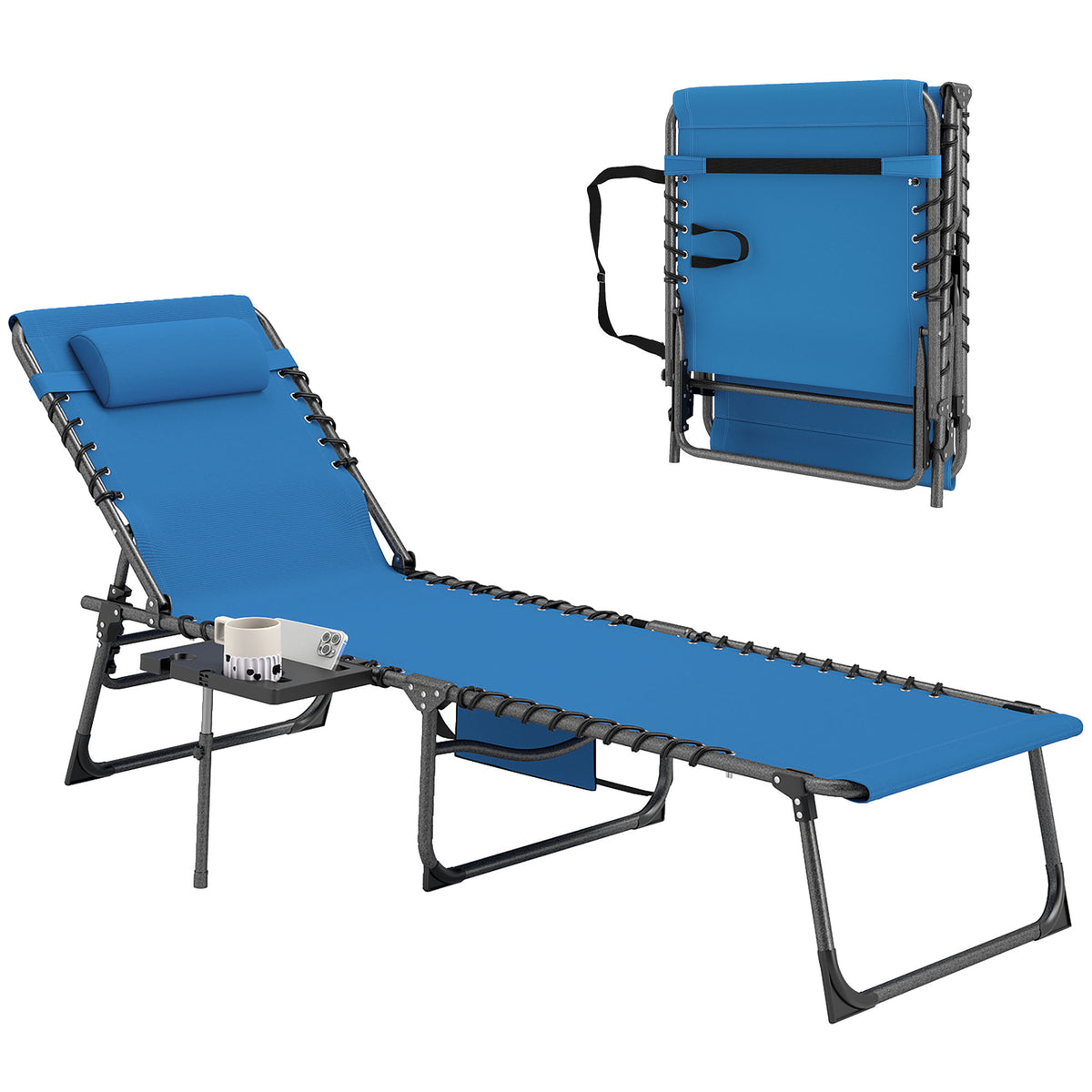 Folding Outdoor Chaise Lounge Chair Tanning Chair with 5-Level Adjustable Back, Side Table, Pillow, Pocket, Blue