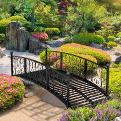 7' Metal Arch Garden Bridge Arc Footbridge with Side Railings Decorative Scrollwork, Black