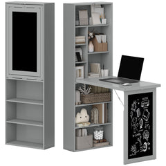Fold-out Convertible Office Desk, Wall Mount Computer Desk with Blackboard and Side Shelf, Charcoal Gray