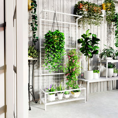 Metal Tall Plant Stand with Trellis and Hanging Bar, Plant Holder for Indoor Outdoor Use, 35" x 12.8" x 74", White