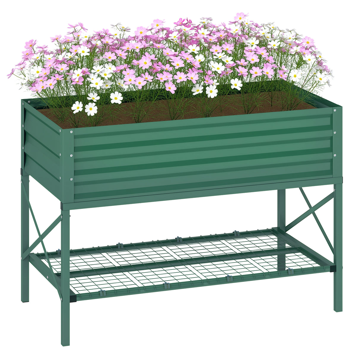Galvanized Raised Garden Bed, Metal Planter Box with Legs, Storage Shelf and Bed Liner, Green