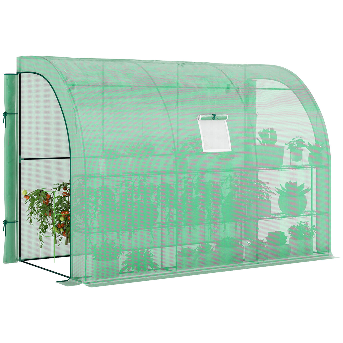 10' x 5' x 7' Lean to Greenhouse, Walk-In Green House, Plant Nursery with 2 Roll-up Doors and Windows, PE Cover and 3 Wire Shelves, Green
