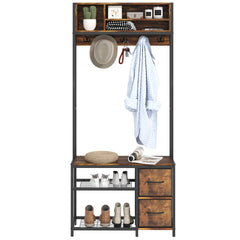 Hall Tree with Bench and Shoe Storage, 5-in-1 Entryway Bench with Coat Rack, 3 Storage Shelves, 2 Fabric Drawers, Brown