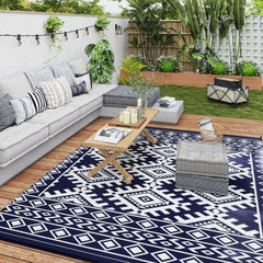 Reversible Outdoor Rug, Waterproof Plastic Straw with Carry Bag, 8' x 10', Blue & White Rhombus Border