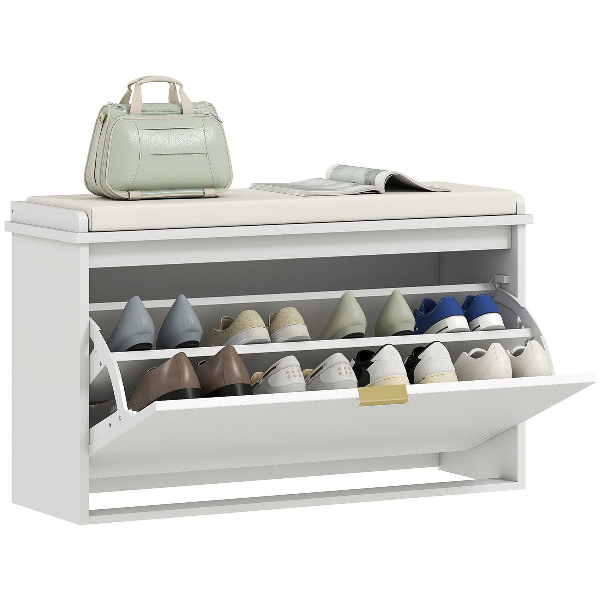 Shoe Storage Bench with Padded Seat Cushion and Flip-Drawer, Entryway Bench, Shoe Cabinet, 31.5x10.2x18.7 Inches, White