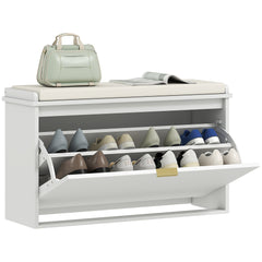 Shoe Storage Bench with Padded Seat Cushion and Flip-Drawer, Entryway Bench, Shoe Cabinet, 31.5x10.2x18.7 Inches, White