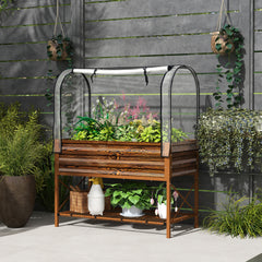 Raised Garden Bed with Legs and Cover, Metal Elevated Planter Box with Bottom Shelf and Liner for Vegetables, Brown