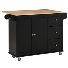 Mobile Kitchen Island with Drop Leaf, Storage Trolley Cart on Wheels, Towel/Spice Rack, 3 Drawers, 2-Door Cabinet, Black
