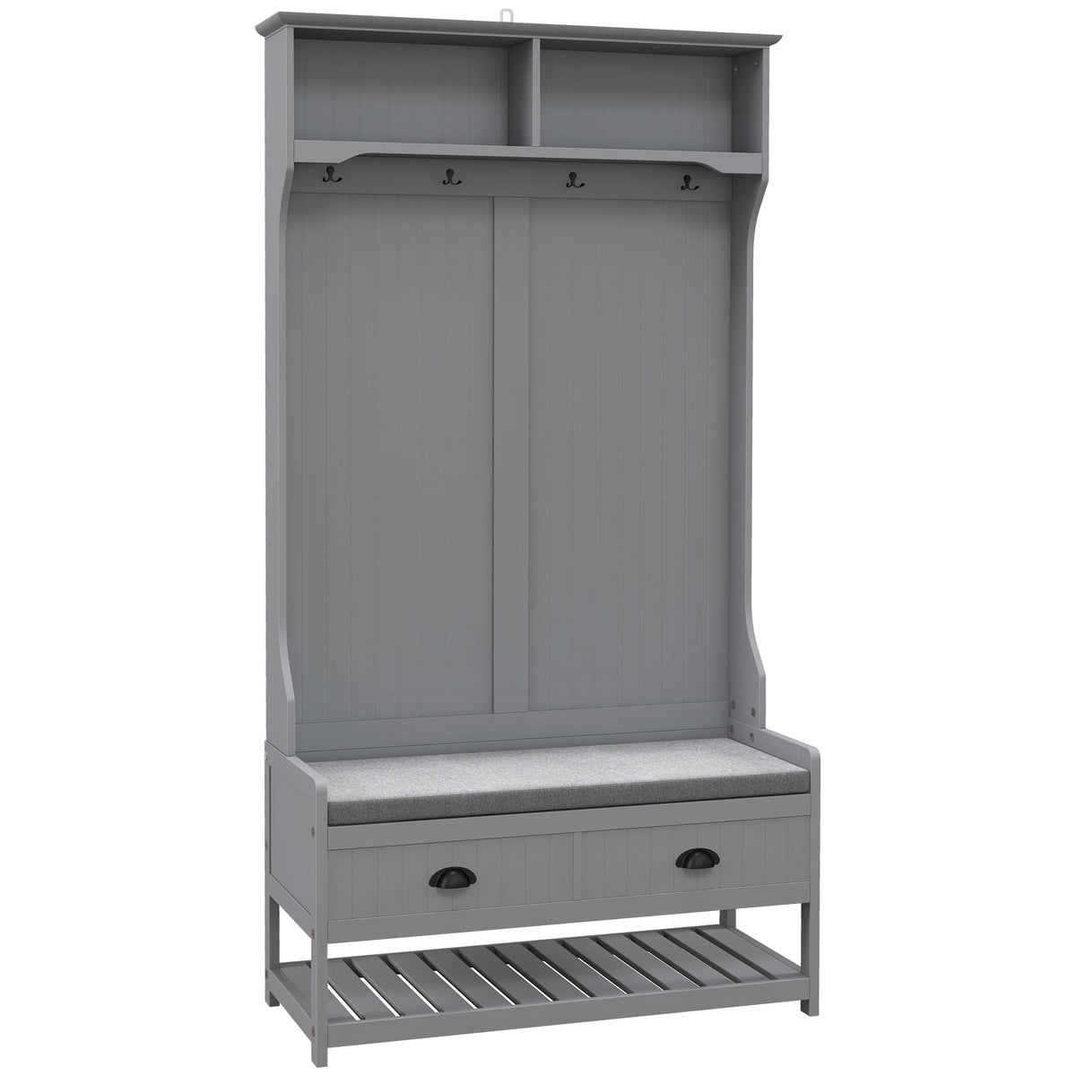 3-in-1 Hall Tree, Entryway Bench with Coat Rack, Mudroom Bench with Shoe Rack, 2 Storage Drawers, 4 Hooks and Padded Seat Cushions for Hallway, Gray