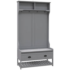 3-in-1 Hall Tree, Entryway Bench with Coat Rack, Mudroom Bench with Shoe Rack, 2 Storage Drawers, 4 Hooks and Padded Seat Cushions for Hallway, Gray