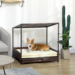 Outdoor Dog Bed, Extendable Wicker Dog Bed with Roof, Soft Cushion for Small and Medium Dogs, Mixed-Brown