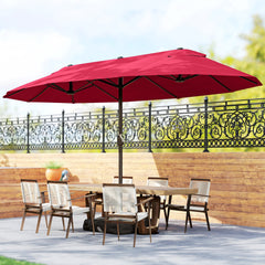 Patio Umbrella 15' Steel Rectangular Outdoor Double Sided Market with base, Sun Protection & Easy Crank for Deck Pool Patio, Wine Red