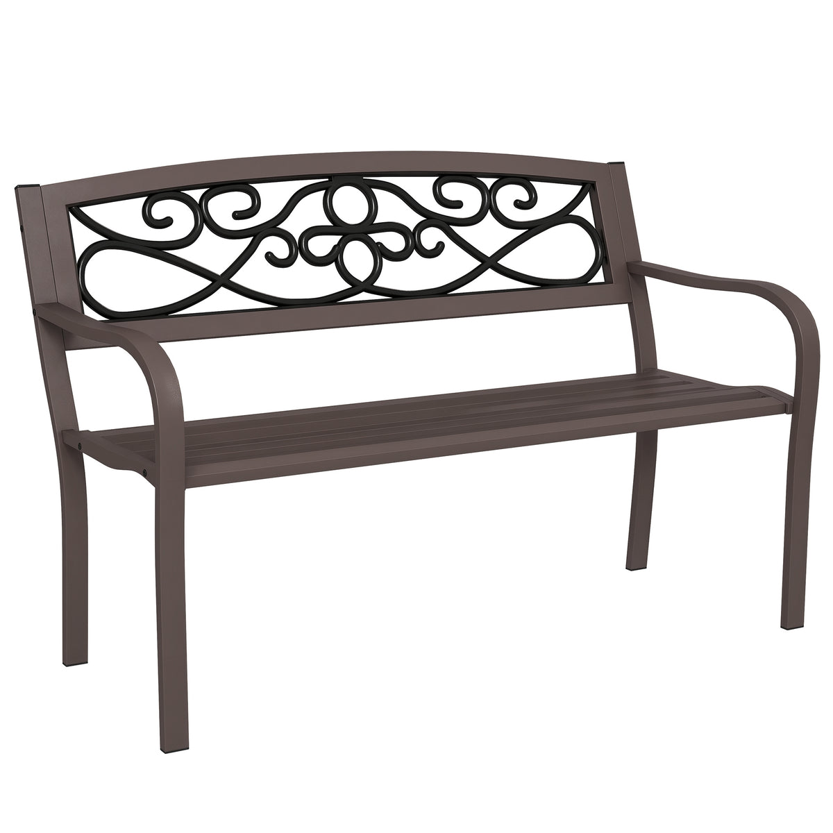 50" Outdoor Bench, Metal Garden Bench with Floral Pattern Backrest, Porch Bench with Slatted Seat for Park, Yard, Lawn, Brown