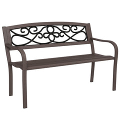 50" Outdoor Bench, Metal Garden Bench with Floral Pattern Backrest, Porch Bench with Slatted Seat for Park, Yard, Lawn, Brown