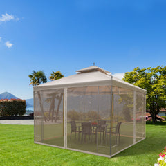 10' x 10' Patio Gazebo with Corner Frame Shelves, Double Roof Outdoor Gazebo Canopy Shelter with Netting for Patio, Wedding, Catering & Events, Brown