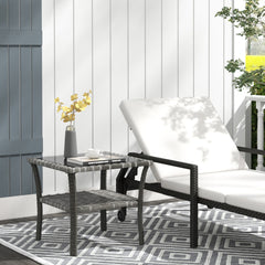 Rattan Side Table, Outdoor End Table with Storage Shelf, Aluminum Frame Square, Coffee Table with Tempered Glass Top, Mixed Gray
