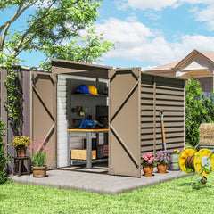4.6' x 9' Outdoor Storage Shed, Lean to Metal Shed with Foundation Kit, Lockable Doors and Gloves for Patio, Lawn, Brown