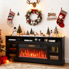 Fireplace TV Stand for TVs Up to 80 Inch, TV Console with Electric Fireplace, Open Storage and Side Cabinets, Black