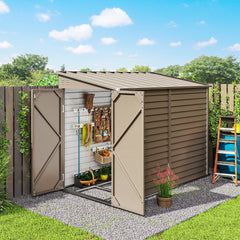 4.6' x 9' Outdoor Storage Shed, Lean to Metal Shed with Foundation Kit, Lockable Doors and Gloves for Patio, Lawn, Brown