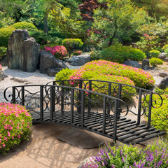 6' Metal Arch Backyard Garden Bridge with 660 lbs. Weight Capacity, Safety Siderails, Vine Motifs, Easy Assembly for Backyard Creek, Stream, Pond, Black