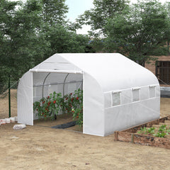11.5' x 10' x 6.5' Walk-in Greenhouse, Tunnel Green House with Zippered Mesh Door and 6 Mesh Windows, Gardening Plant Hot House with Galvanized Steel Frame, White