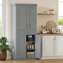 Modern Kitchen Pantry Freestanding Cabinet Cupboard with Doors and Drawer, Adjustable Shelving, Gray