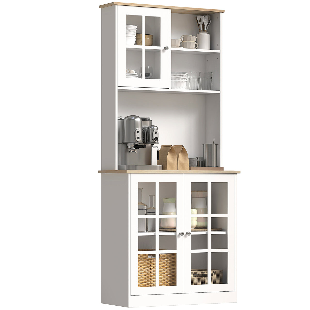 Kitchen Pantry Storage Cabinet, 72" Freestanding Cabinet with Hutch, Large Countertop, Glass Doors and Adjustable Shelves for Dining Room, White