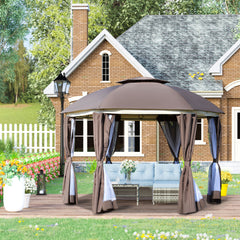 12' x 12' Round Outdoor Gazebo, Patio Dome Gazebo Canopy Shelter with Double Roof, Netting Sidewalls and Curtains, Zippered Doors, Strong Steel Frame, Brown