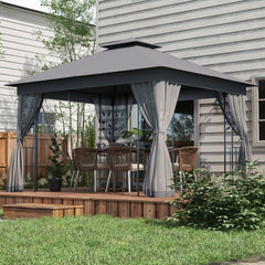 10' x 11.5' Metal Patio Gazebo, Double Roof Outdoor Gazebo Canopy Shelter w/Tree Motifs Corner Frame and Netting, Gray