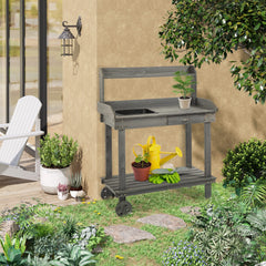 36'' Wooden Potting Bench Work Table with 2 Removable Wheels, Sink, Drawer & Large Storage Spaces, Gray