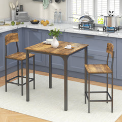 3 Piece Pub Table and Chairs, Small Kitchen Table and Chairs, Square Dining Table with 2 Stools, Rustic Brown and Black