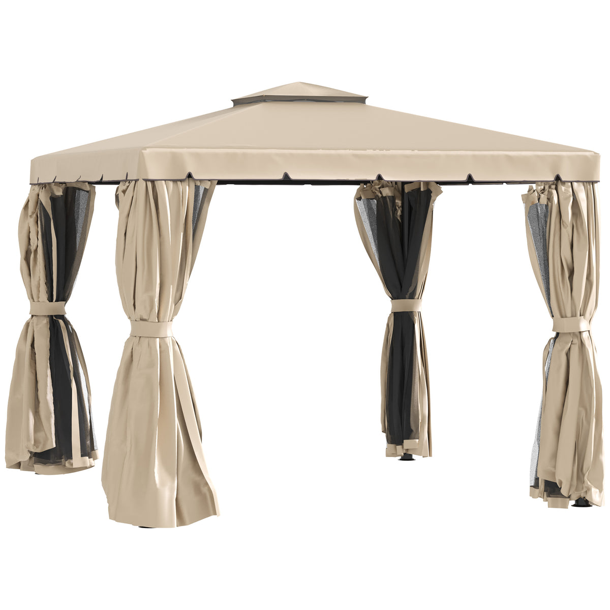 10' x 10' Patio Gazebo, Aluminum Frame Double Roof Outdoor Gazebo Canopy Shelter with Netting & Curtains, for Garden, Lawn, Backyard and Deck, Khaki