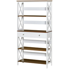 4-Tier Shelving Bookcase Storage Cupboard with Pull Out Drawer, and Wooden Frame with X Bar Stability, White