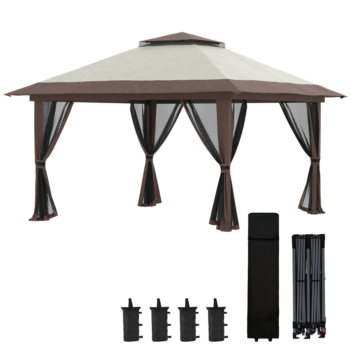 13' x 13' Pop Up Gazebo Instant Canopy Tent Shelter with 2-Tier Roof, Carry Bag, Wight Bags for Outdoor, Garden, Beige