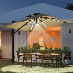 10ft. Solar LED Cantilever Umbrella, Offset Hanging Umbrella with 360°Rotation, Cross Base, 8 Ribs, Tilt and Crank for Yard, Khaki