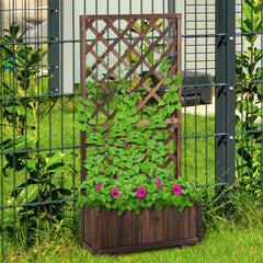 Wooden Raised Garden Bed Planting Planter Box with Trellis and Drain Holes for Climbing Vine Plants, Brown