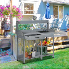 Potting Bench Table, Outdoor Garden Table Wooden Work Station with Removable Sink, Faucet, Drawer, Shelves, Hooks, Gray