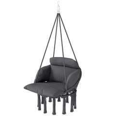 Hammock Swing Chair, Macrame Hanging Chair with Large Cushion, Chain, Steel Frame for Indoor Outdoor Use, Dark Gray