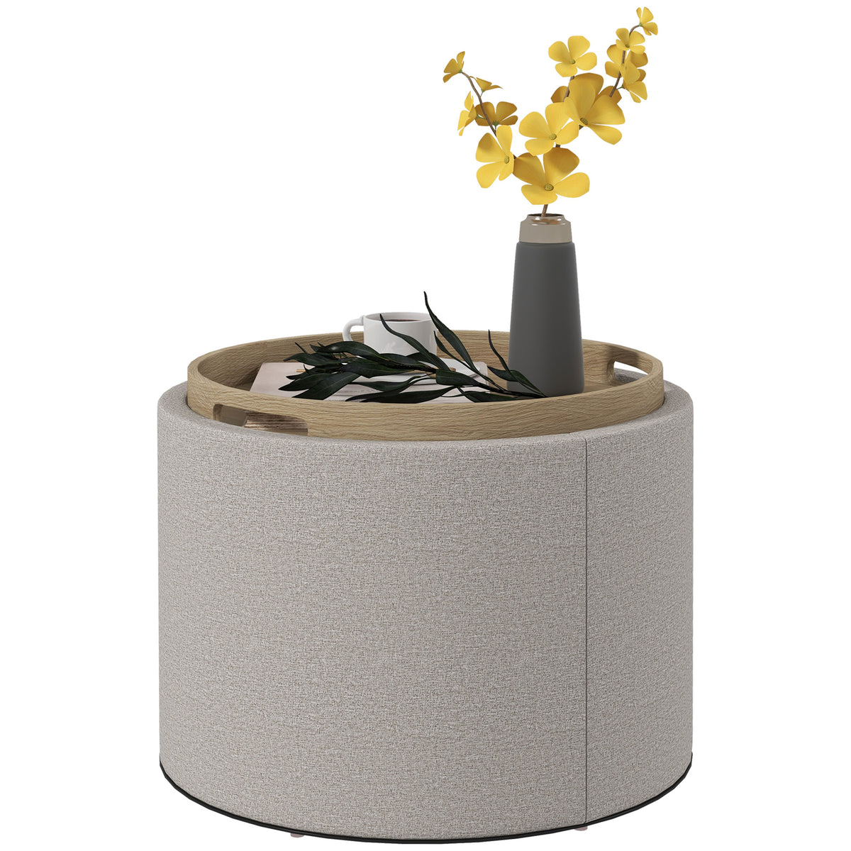 Round Storage Ottoman Coffee Table with Flip Top Tray, Linen Fabric Upholstered Footstool with Hidden Compartment