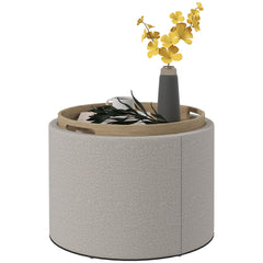 Round Storage Ottoman Coffee Table with Flip Top Tray, Linen Fabric Upholstered Footstool with Hidden Compartment