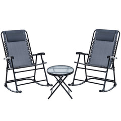 Outdoor Folding Rocking Chair Patio Table Seating Set, 2 Rocking Chairs with Armrests and 1 Side Table with Tempered Glass - Grey