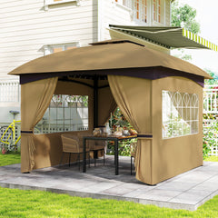 11' x 11' Outdoor Gazebo, Double Roof Patio Gazebo with Curtains, Church Windows, Galvanized Steel Frame, Beige