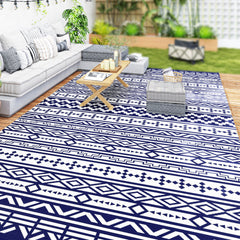 Reversible Outdoor Rug, Waterproof Plastic Straw with Carry Bag, 9' x 18', Blue & White Geometric Wall